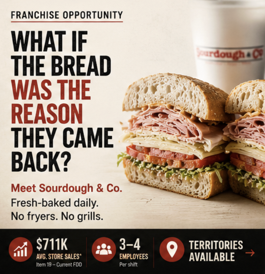 Sourdough & Co. franchise opportunity with fresh-baked sandwiches and reported store sales