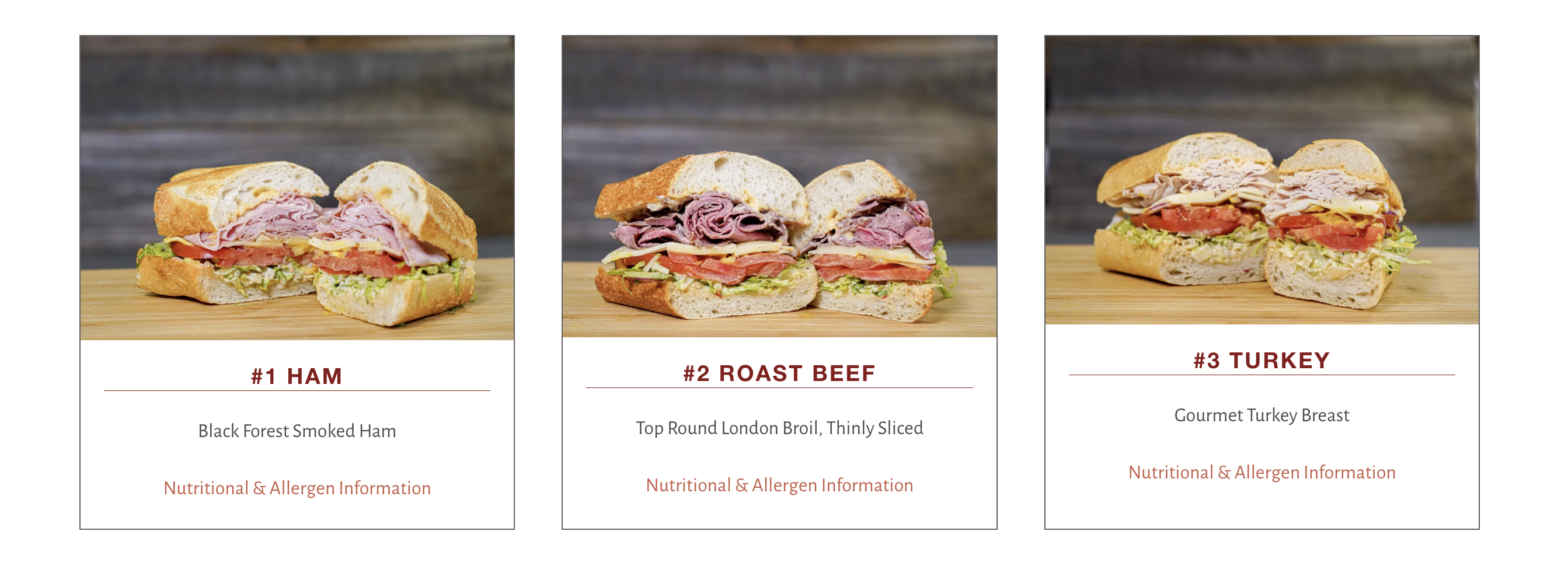 Sourdough & Co. sandwich examples: ham, roast beef, and turkey