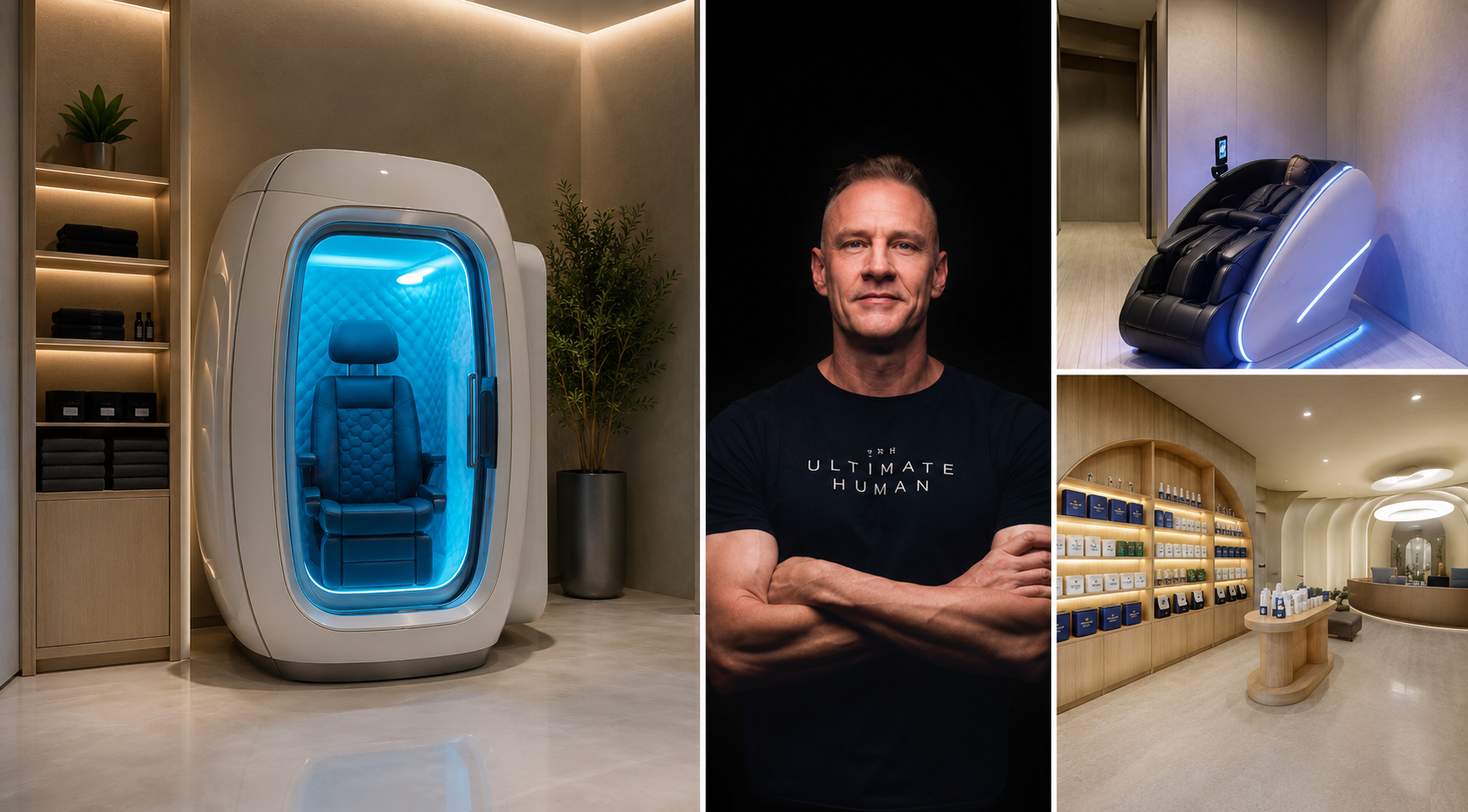 Ultimate Longevity Center wellness studio with recovery technology and founder portrait