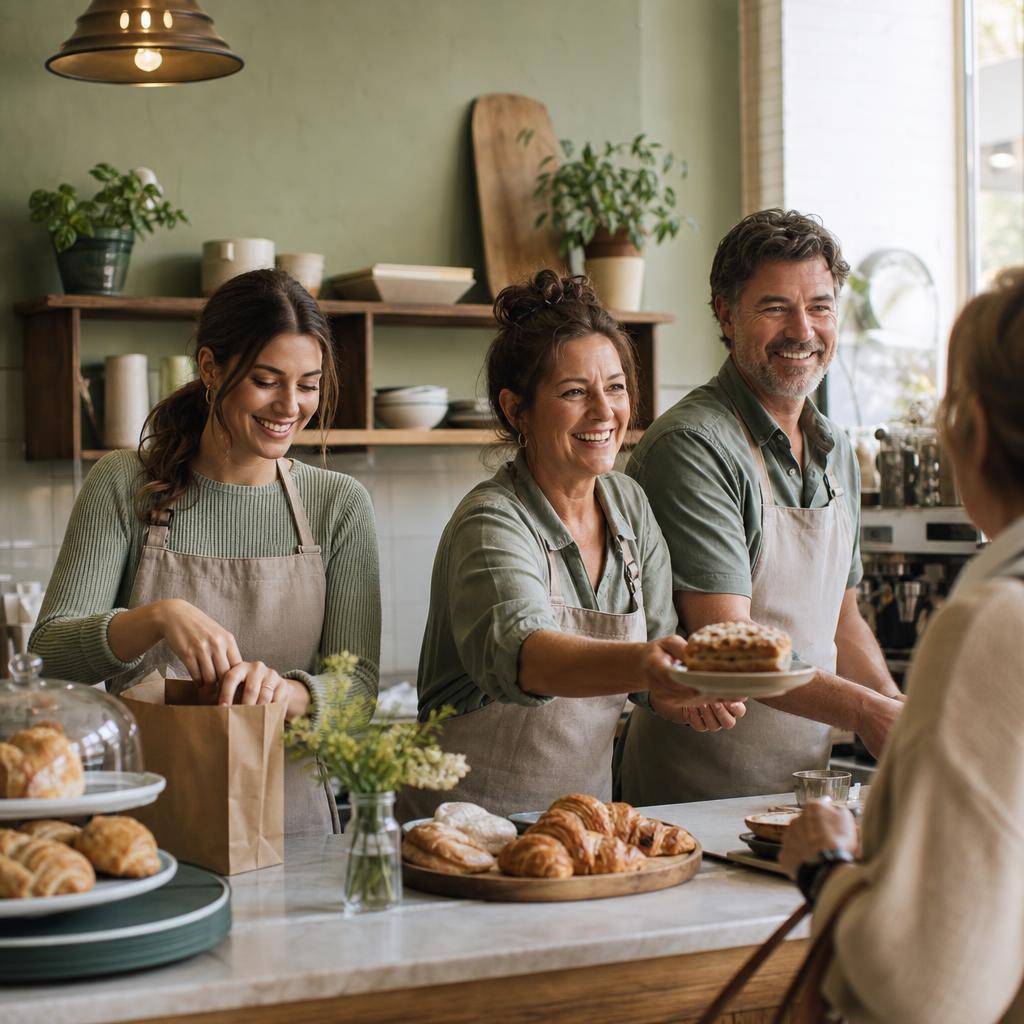 A smiling family working together in their neighborhood business
