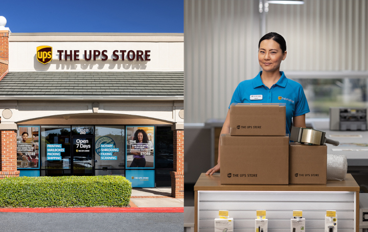 The UPS Store storefront and employee preparing packages