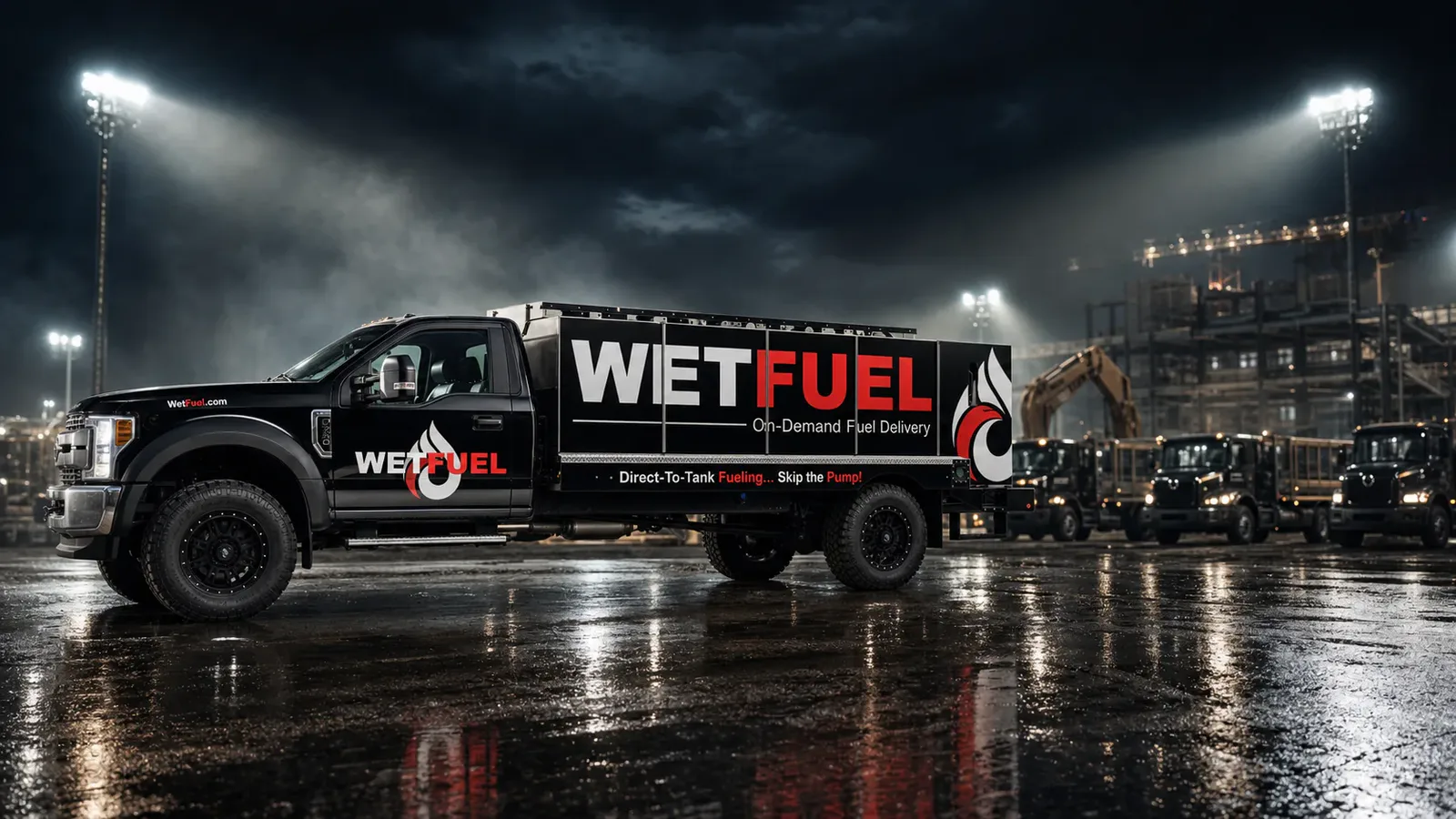 WetFuel mobile fueling truck at a nighttime jobsite