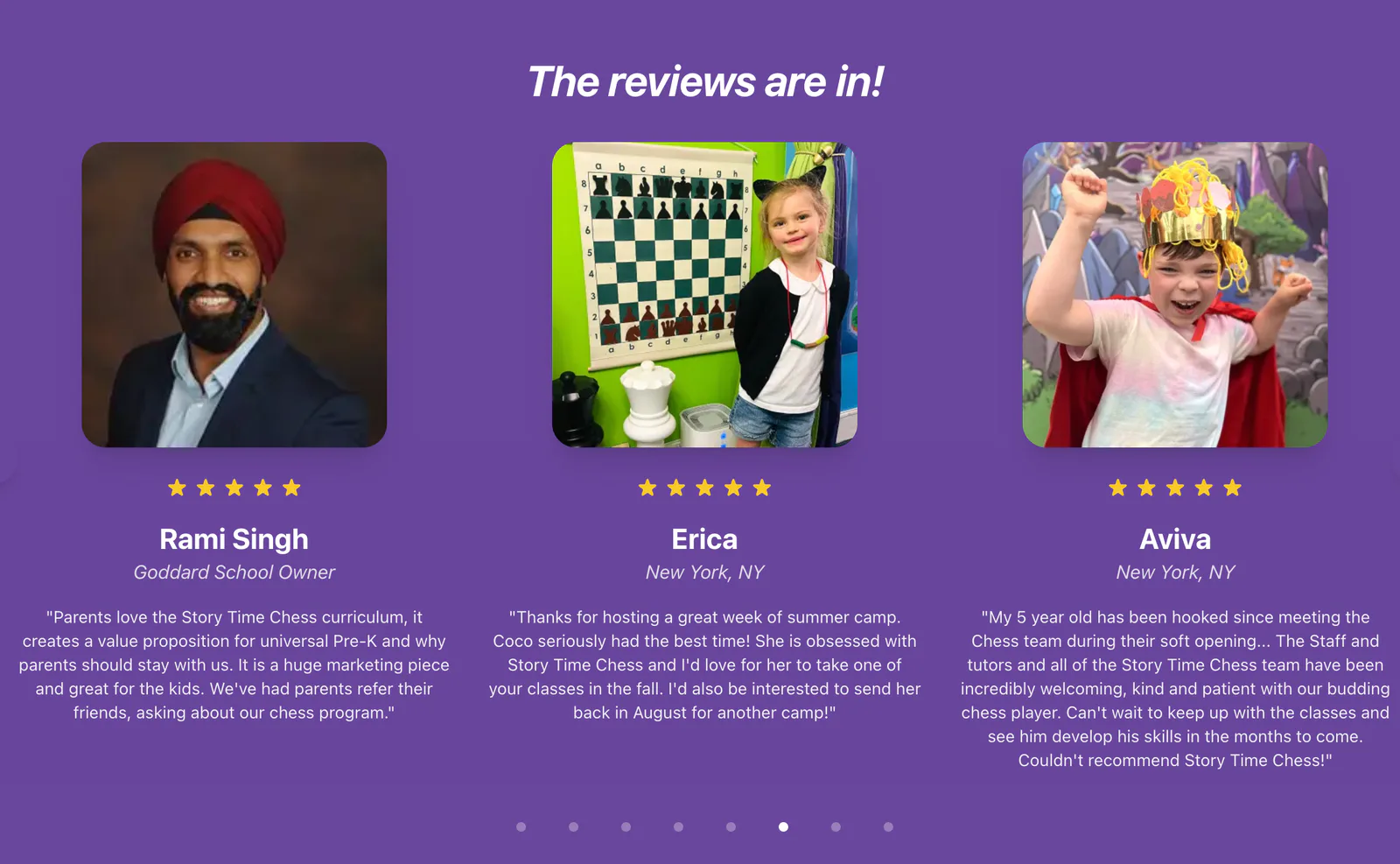 Story Time Chess review graphic featuring comments from Goddard School owner Rami Singh and families Erica and Aviva. These are school and parent perspectives, not franchisee performance results.