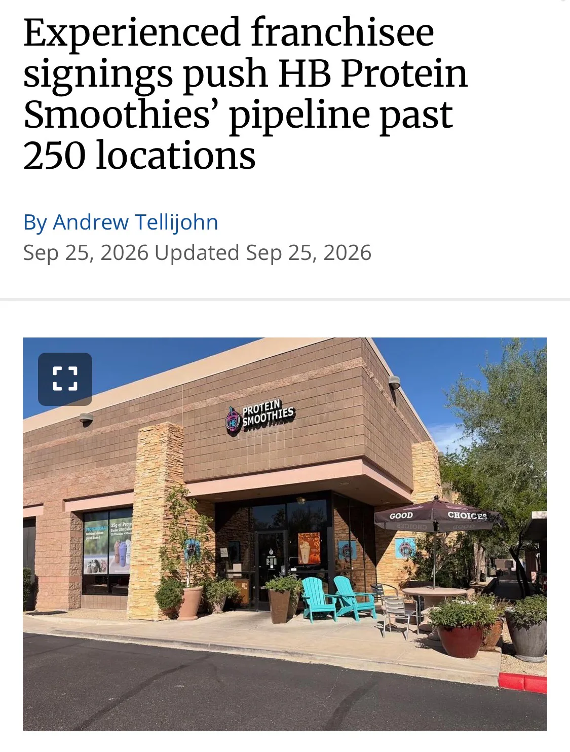 Franchise Times article screenshot showing its HB Protein Smoothies headline and a storefront