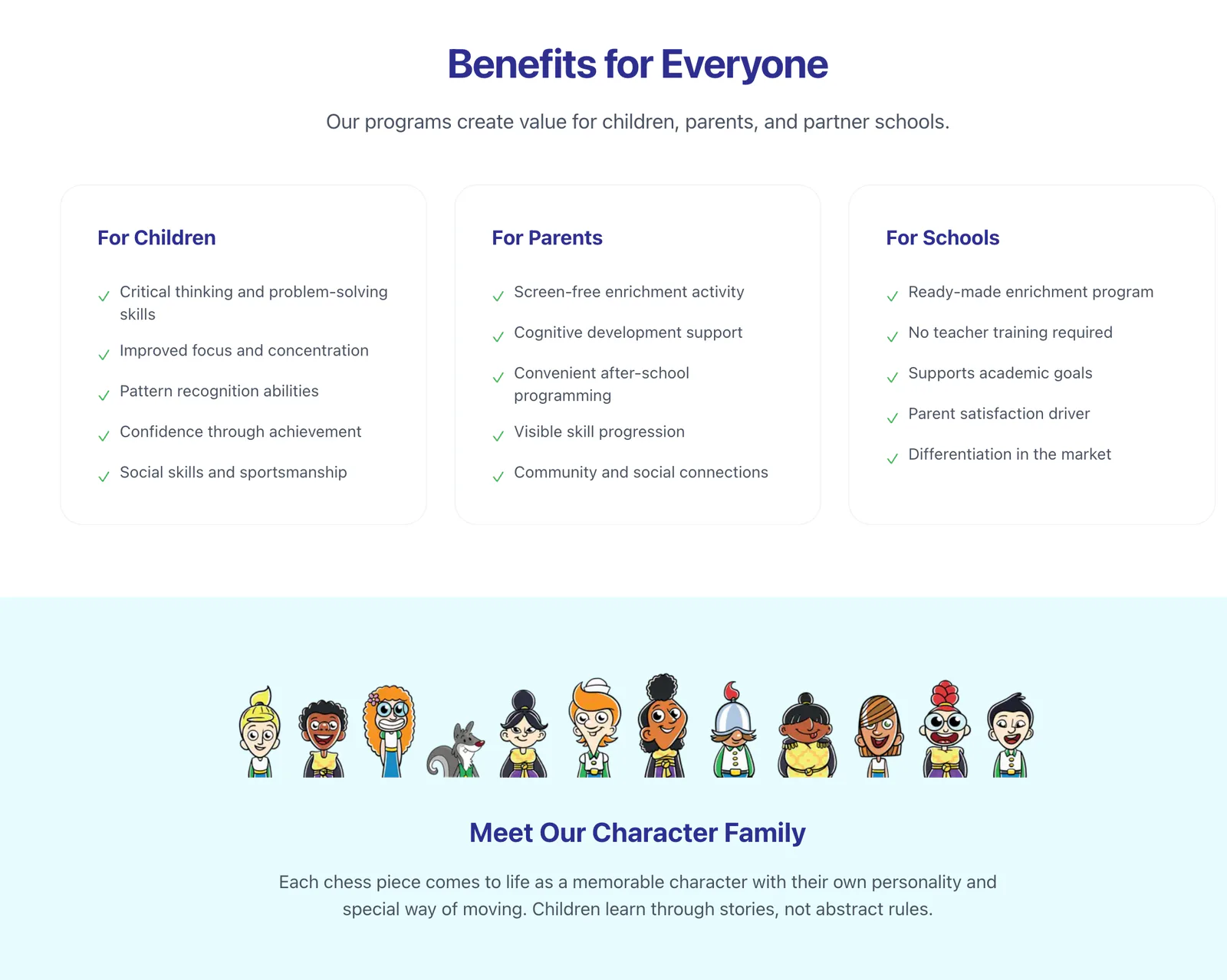 Story Time Chess brand graphic describing benefits for children, parents, and partner schools, followed by its character family.